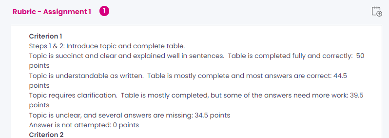 Criterion 1 Steps 1 & 2: Introduce topic and complete table.Topic is succinct and clear and explained well in sentences. Table is completed fully and correctly: 50 pointsTopic is understandable as written. Table is mostly complete and most answers are correct: 44.5 pointsTopic requires clarification. Table is mostly completed, but some of the answers need more work: 39.5 pointsTopic is unclear, and several answers are missing: 34.5 points Answer is not attempted: 0 pointsCriterion 2